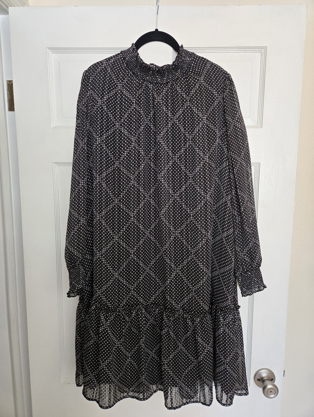 J. Crew Black and White Polka Dot Long Sleeve Ruffle Neck Dress